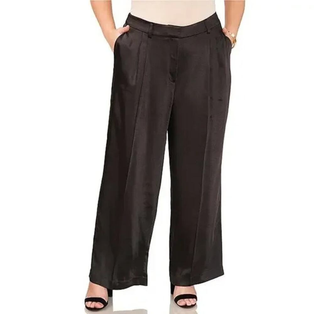 Vince Camuto Dress Pants Black Wide Leg Front Pleat Satin Pleated Trousers 24W
